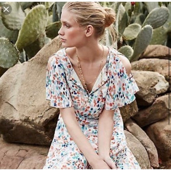 Anthro Maeve Womens Multicolor Cold Shoulder V Neck Spotted Shift Dress Sz Small - Picture 2 of 10